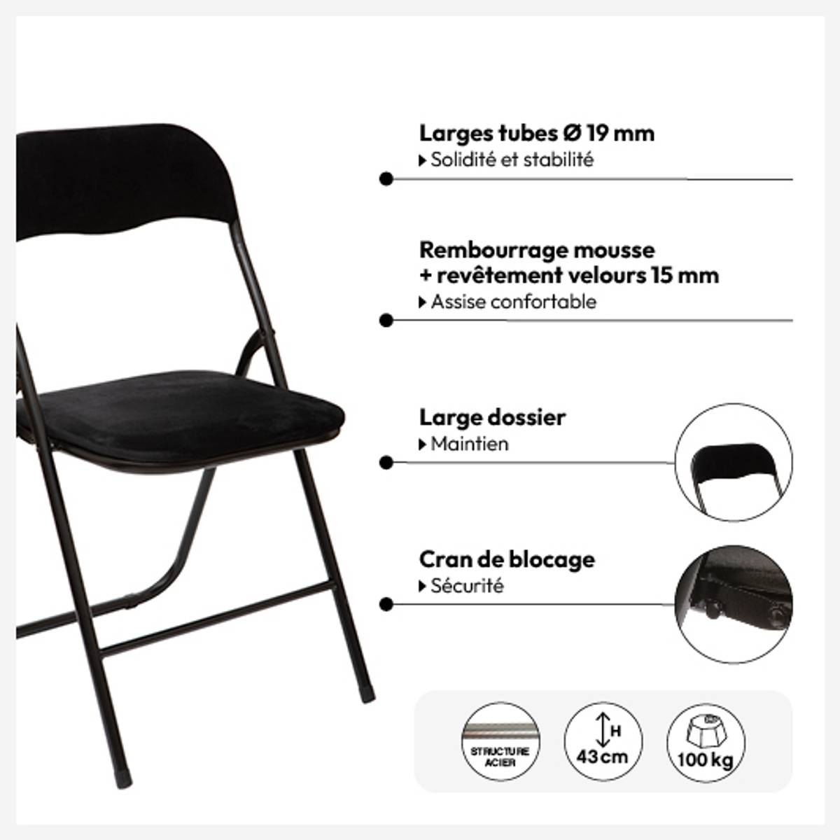 Chaise pliante en velours, noir