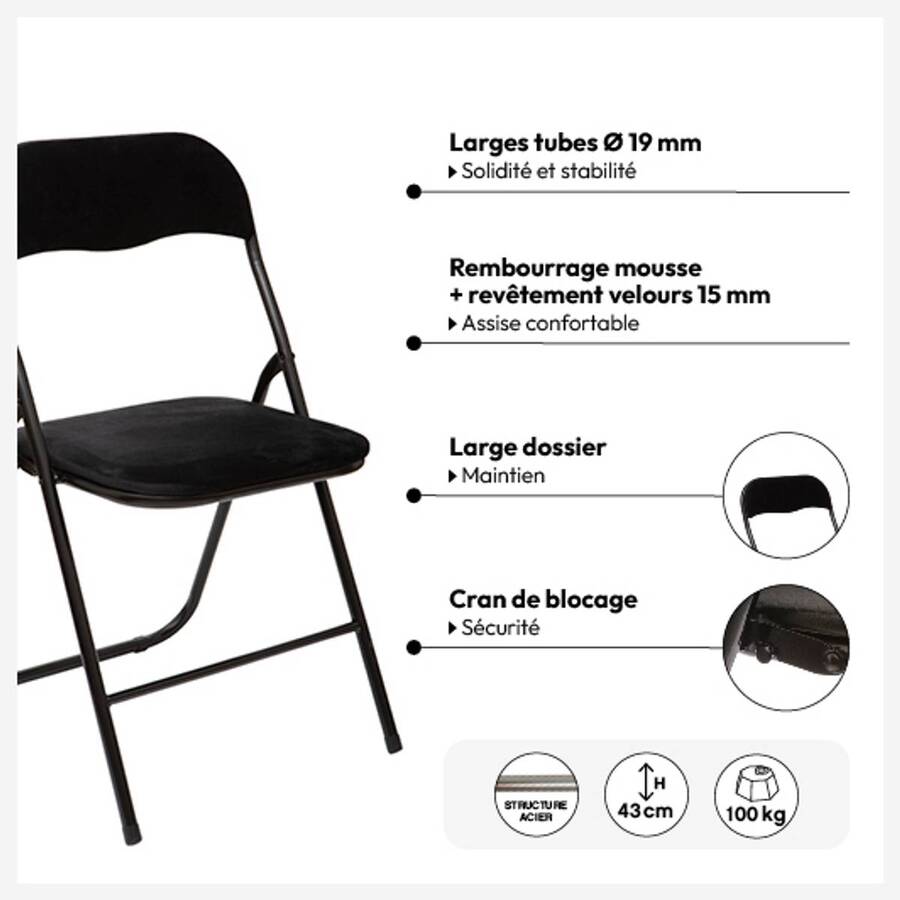 Chaise pliante en velours, noir