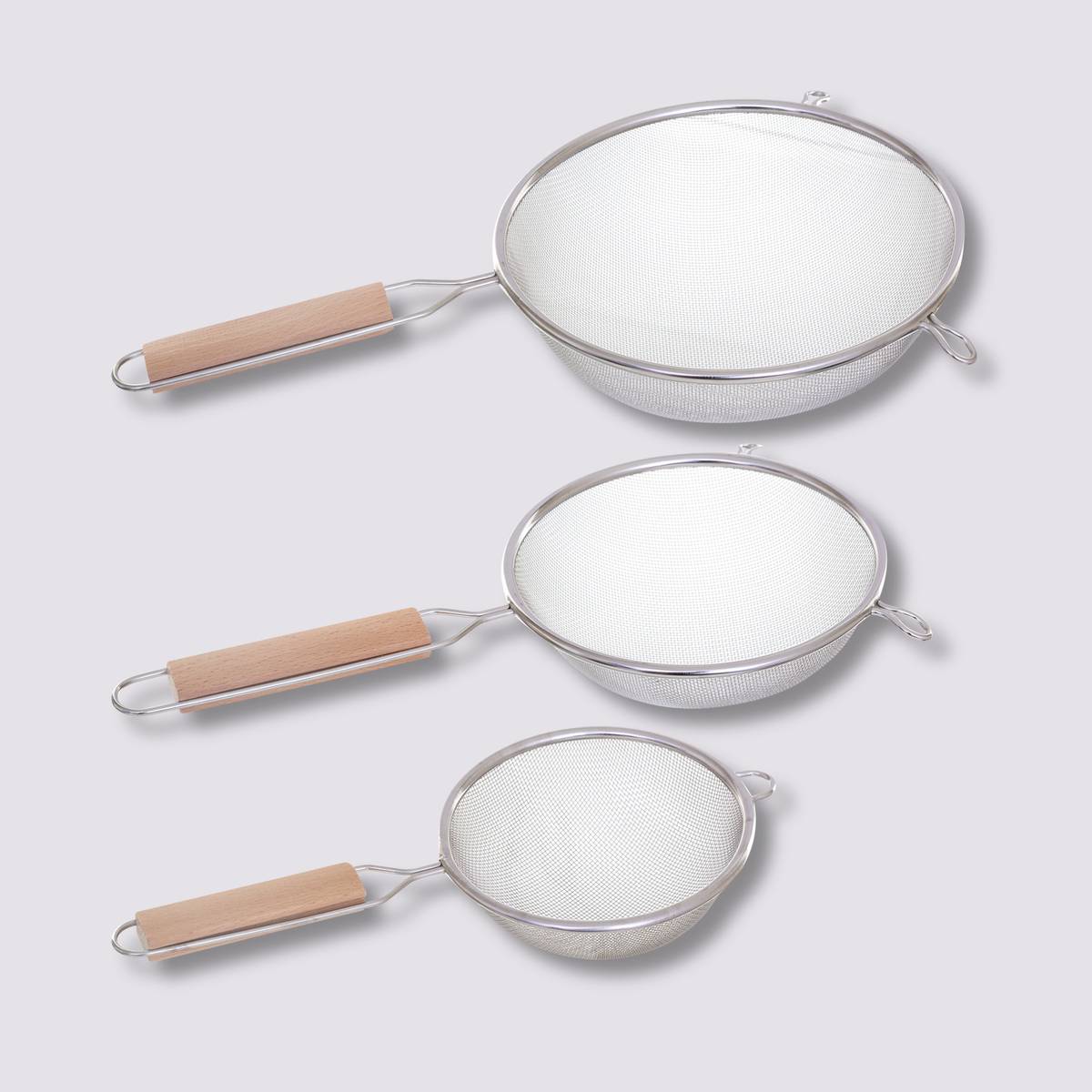 3 passoires inox, manche bois