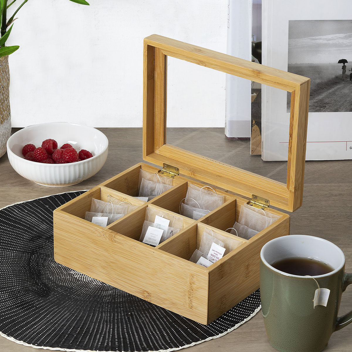 Boîte à Thé En Bois 6 Compartiments - Organisateur Élégant Pour Sachets De Thé