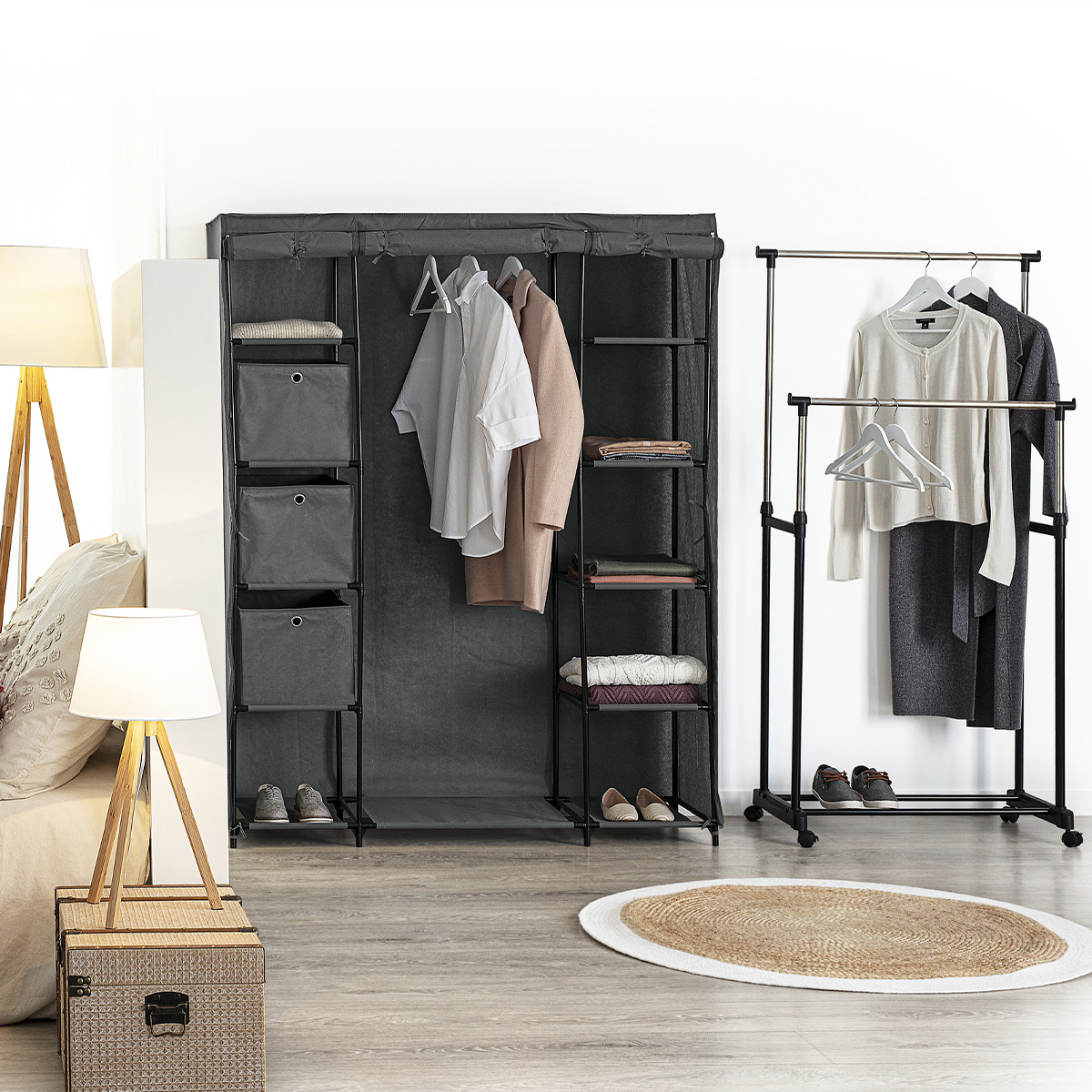 Armoire penderie 3 boîtes, tissu gris anthracite 