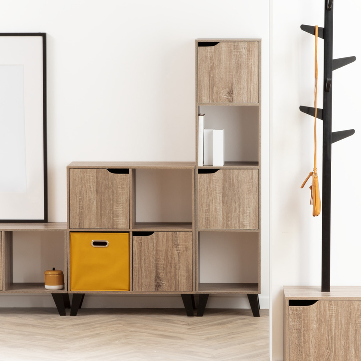 Étagère 4 cases porte, effet bois naturel Ceda