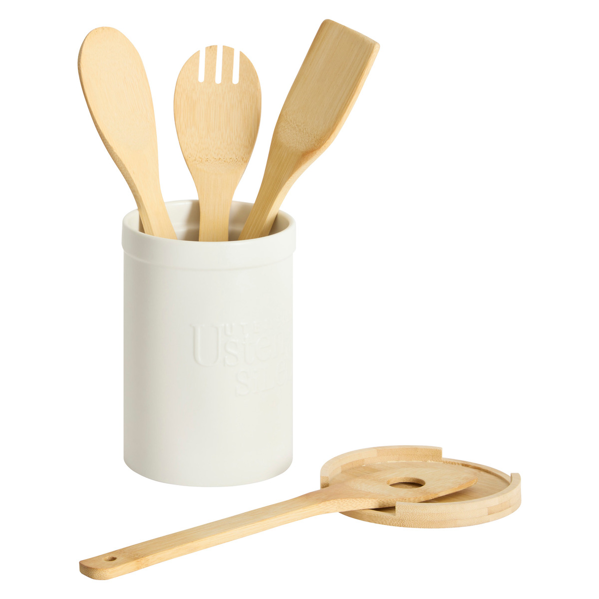 5five Pot à Ustensiles Avec Couvercle Bambou Naturéo - Céramique Blanche Élégante