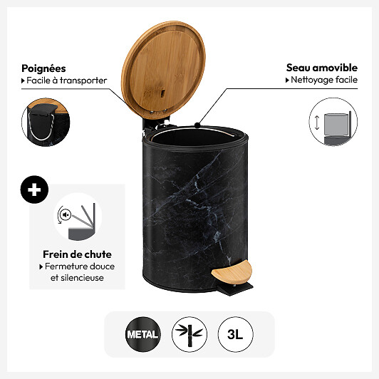Poubelle Soft Close 3L - Design BlackFlora Noir Et Blanc - Ouverture Pédale - 5five