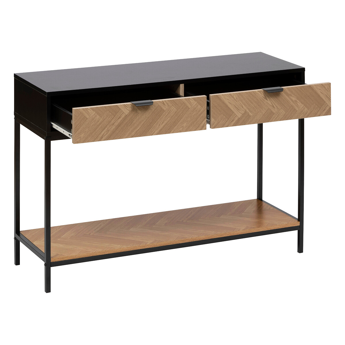 Console 2 tiroirs, effet pin naturel et noir Chevrons