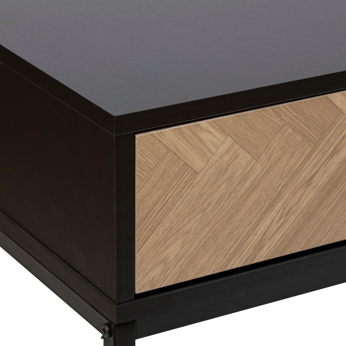 Console 2 tiroirs, effet pin naturel et noir Chevrons
