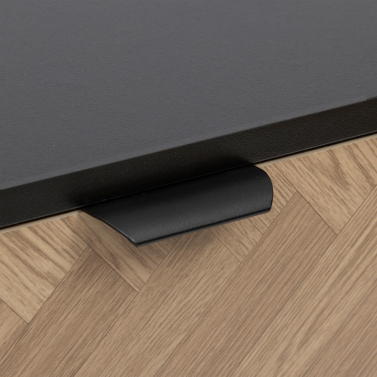 Console 2 tiroirs, effet pin naturel et noir Chevrons
