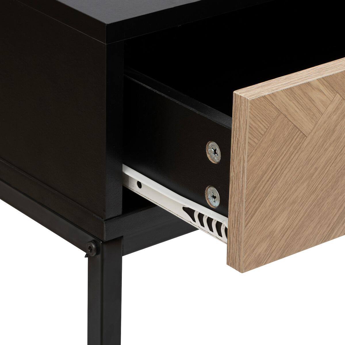 Console 2 tiroirs, effet pin naturel et noir Chevrons