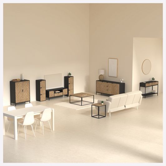 Console 2 Tiroirs Effet Pin Naturel/noir | Meuble Salon, Entrée | 110x75cm, Structure Acier