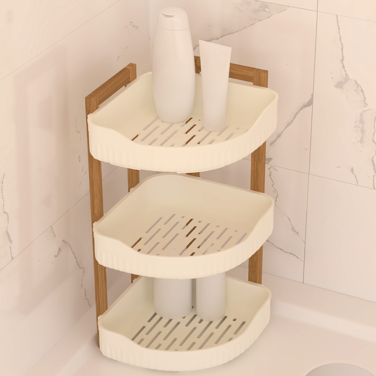 Etagère d'angle 3 niveaux, bambou - blanc