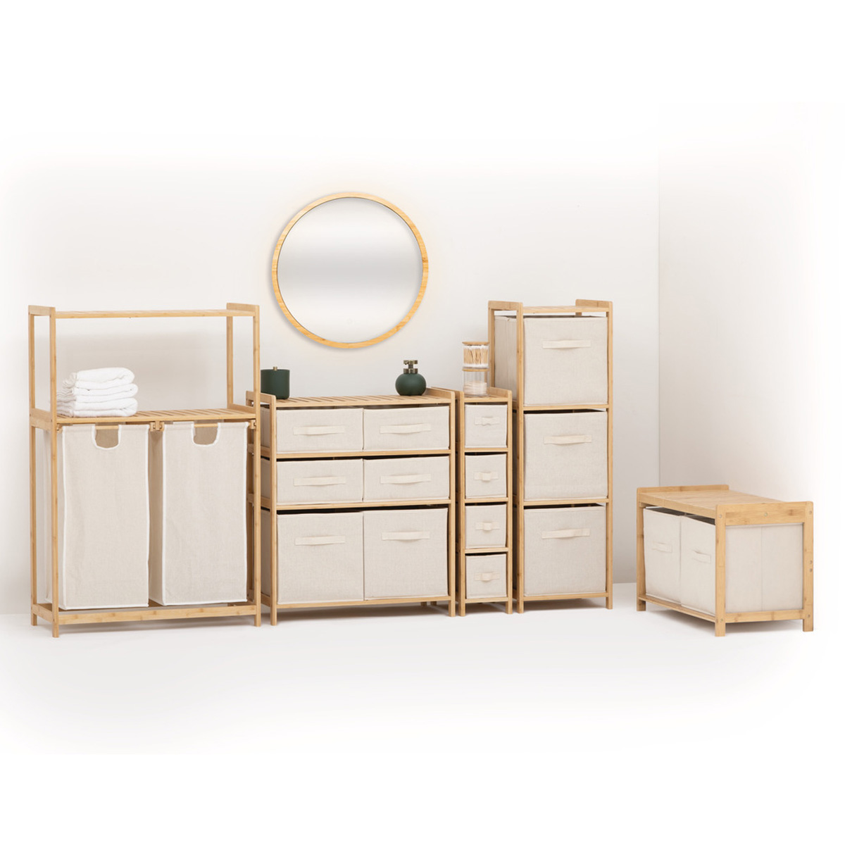 Banc de rangement avec 2 paniers, bambou