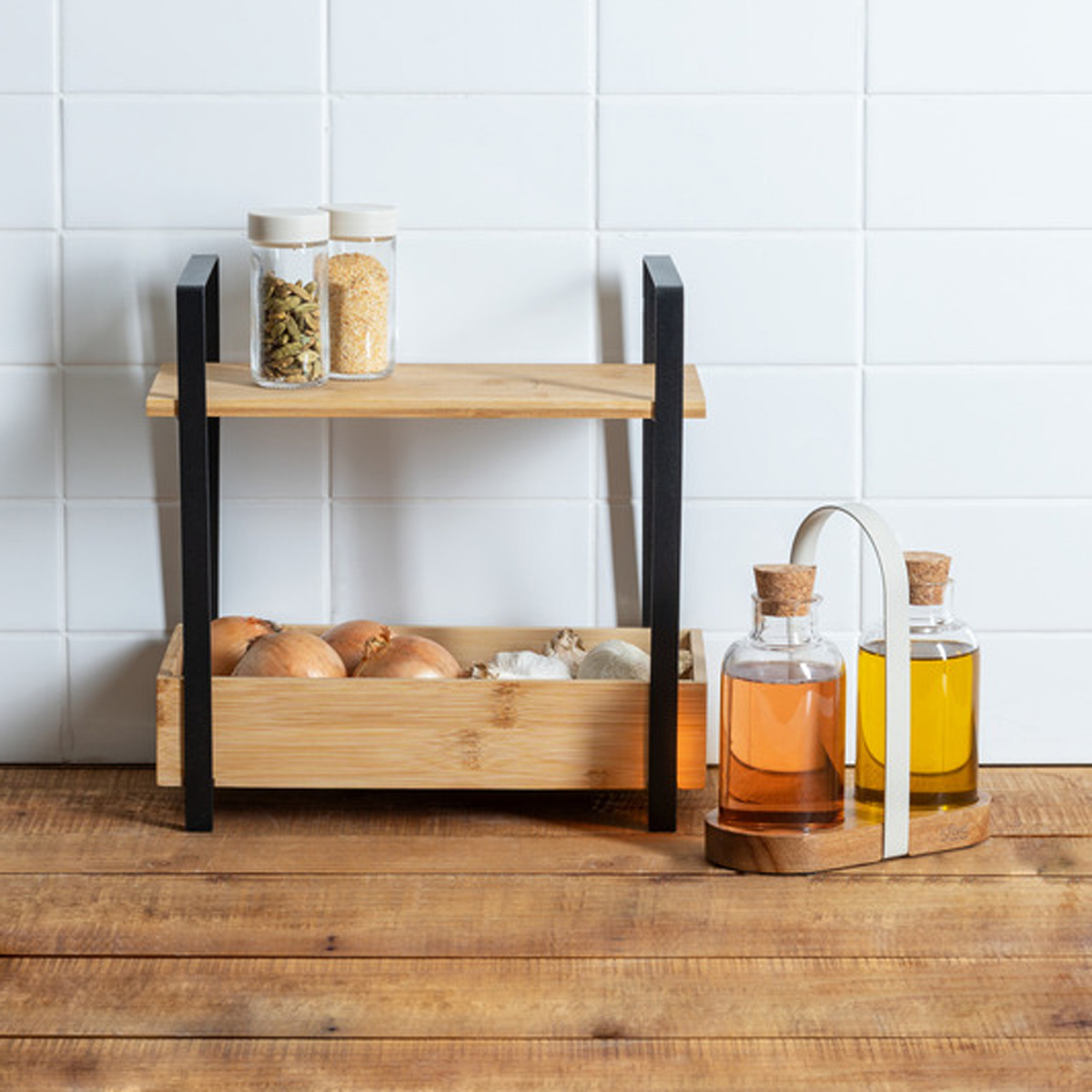 Etagère 2 niveaux avec bac de rangement, bambou