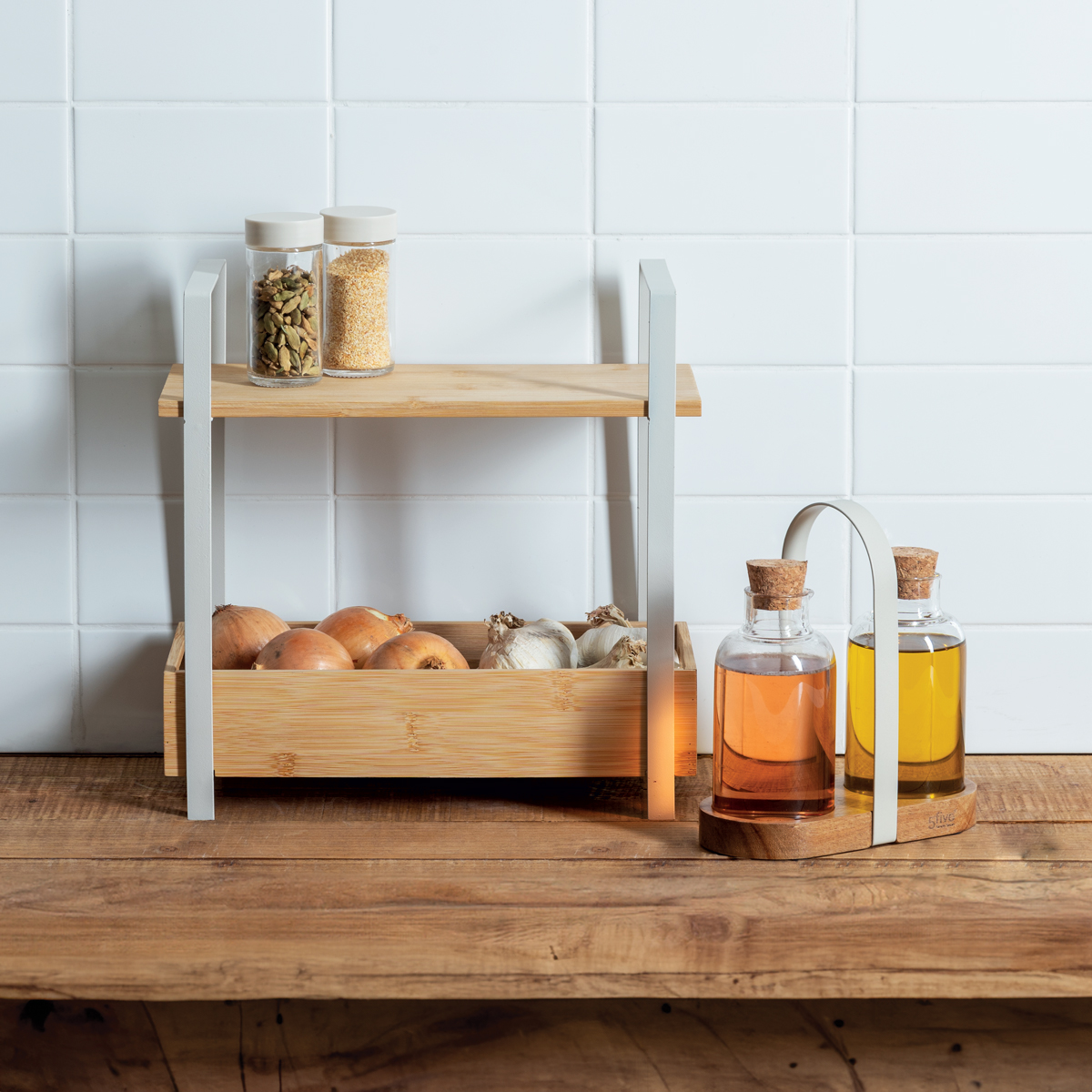 Etagère 2 niveaux avec bac de rangement, bambou