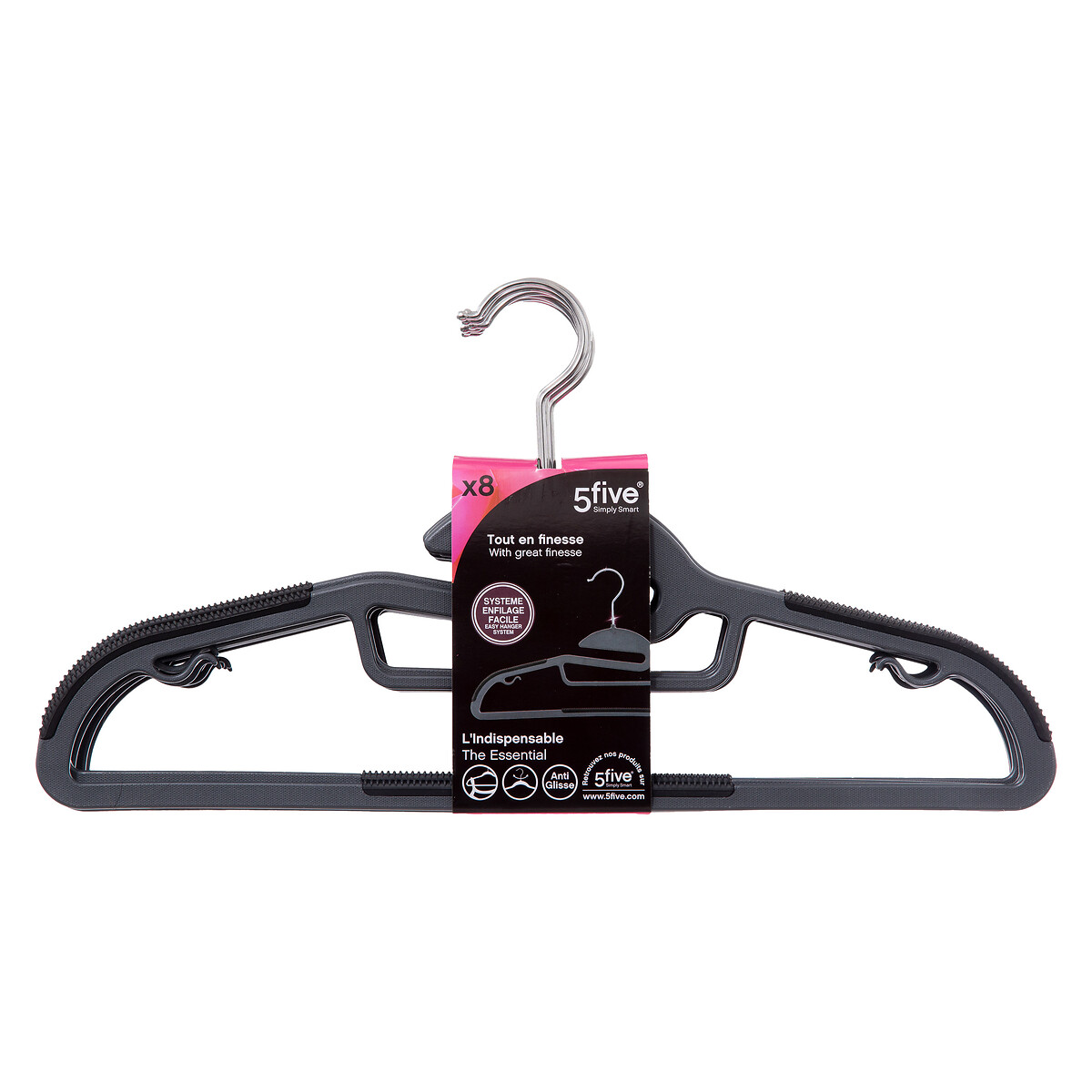 Lot de 8 cintres antidérapants avec encoches, gris