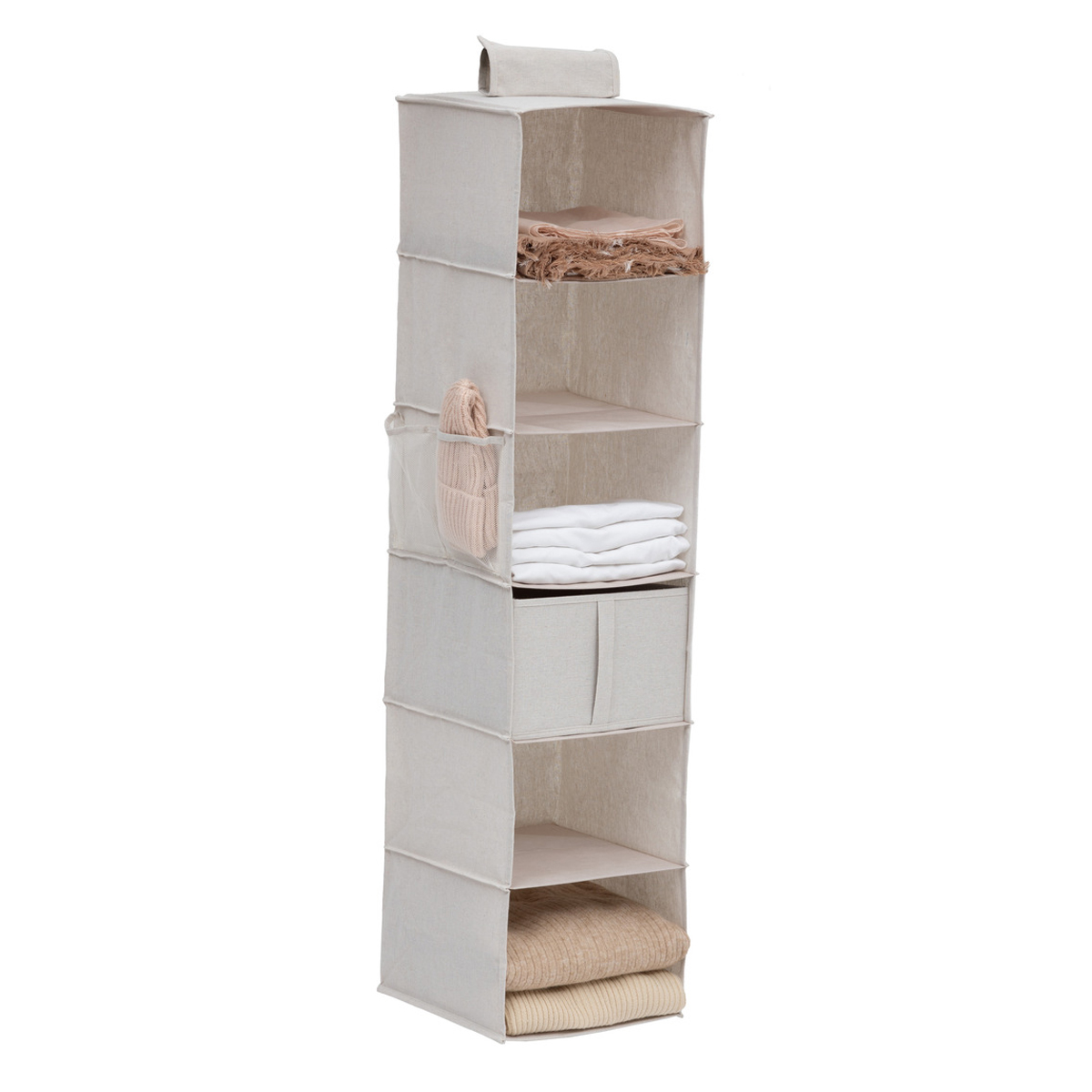 Colonne de rangement 6 cases avec panier, beige