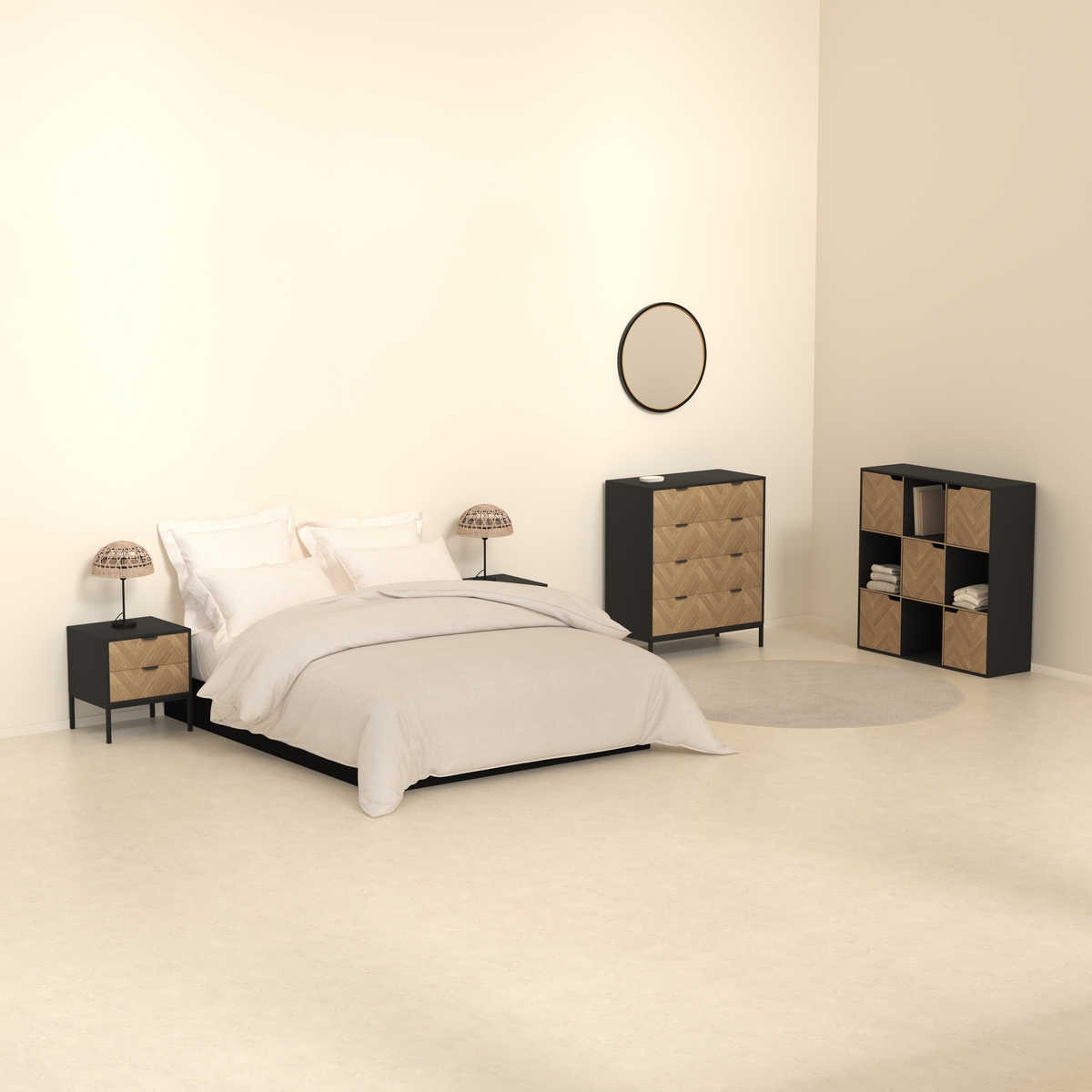 Etagère 9 cases, effet bois et noir Chevrons