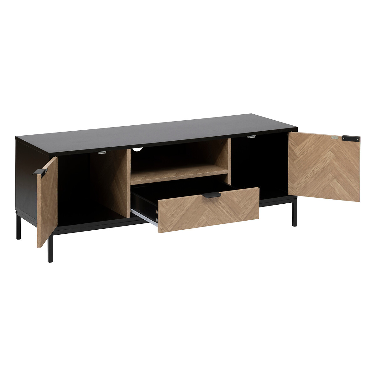 Meuble tv 3 portes sof close, effet bois et noir Chevrons