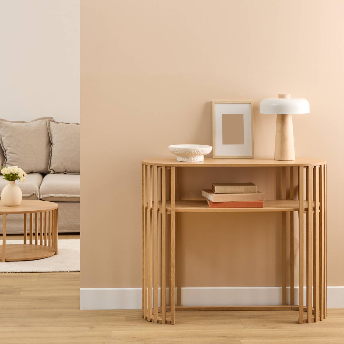 Console, 2 étagères, effet bois