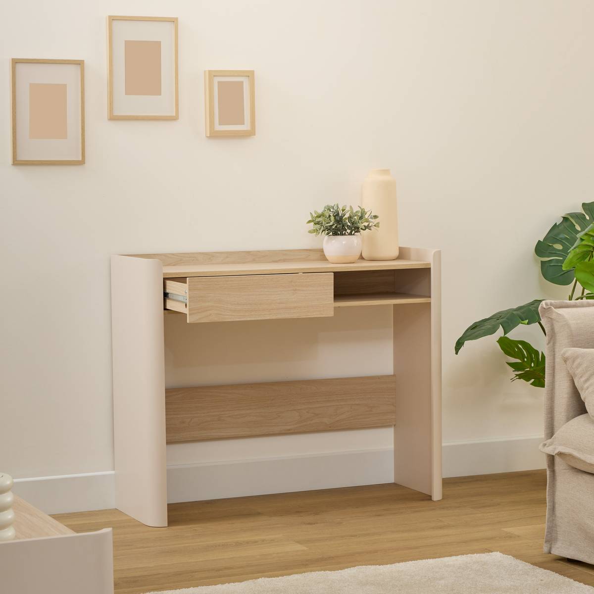 Console, 1 tiroir, effet bois, argile Roundy