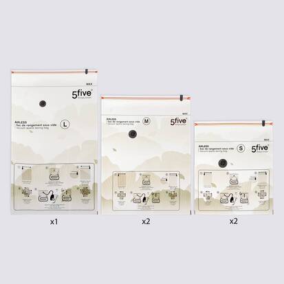 Lot de 5 sacs compresseurs, l.59/80/120 cm, transparent Airless