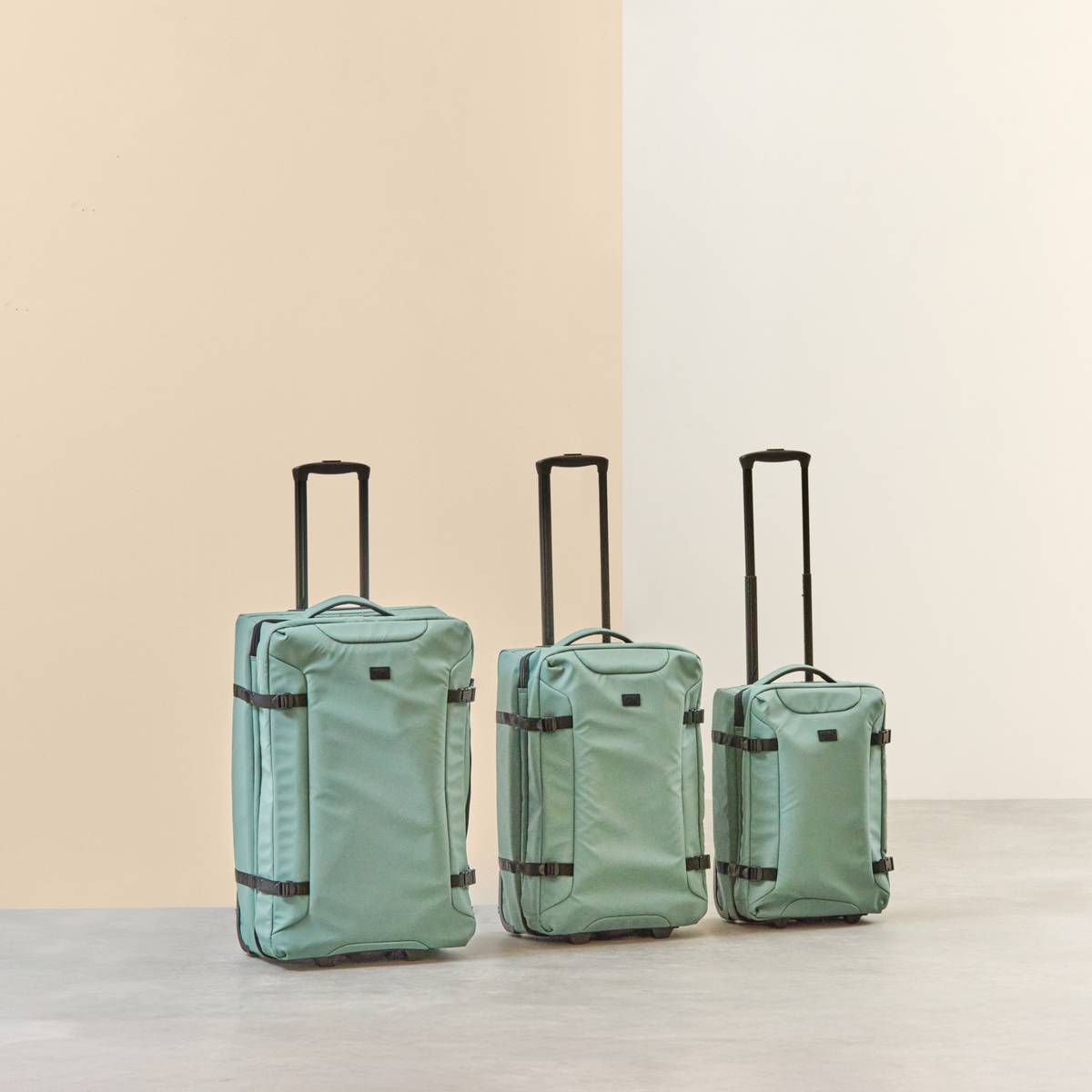Set de 3 valises souples, 2 roues, fermeture tsa, vert