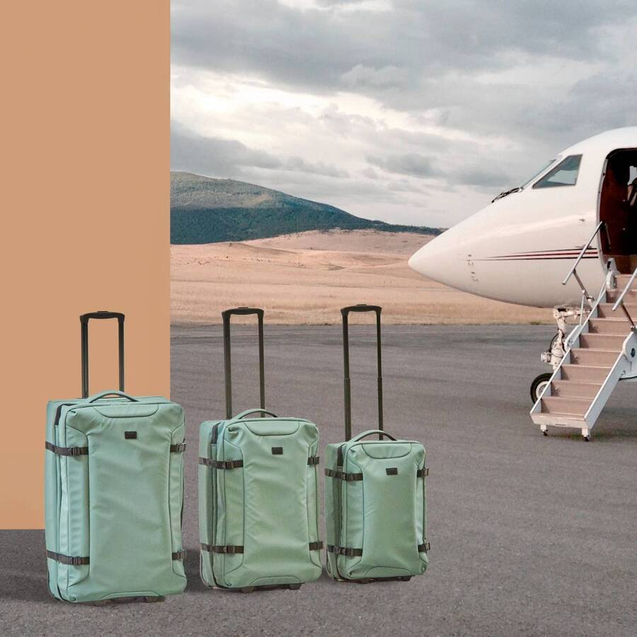 Set de 3 valises souples, 2 roues, fermeture tsa, vert