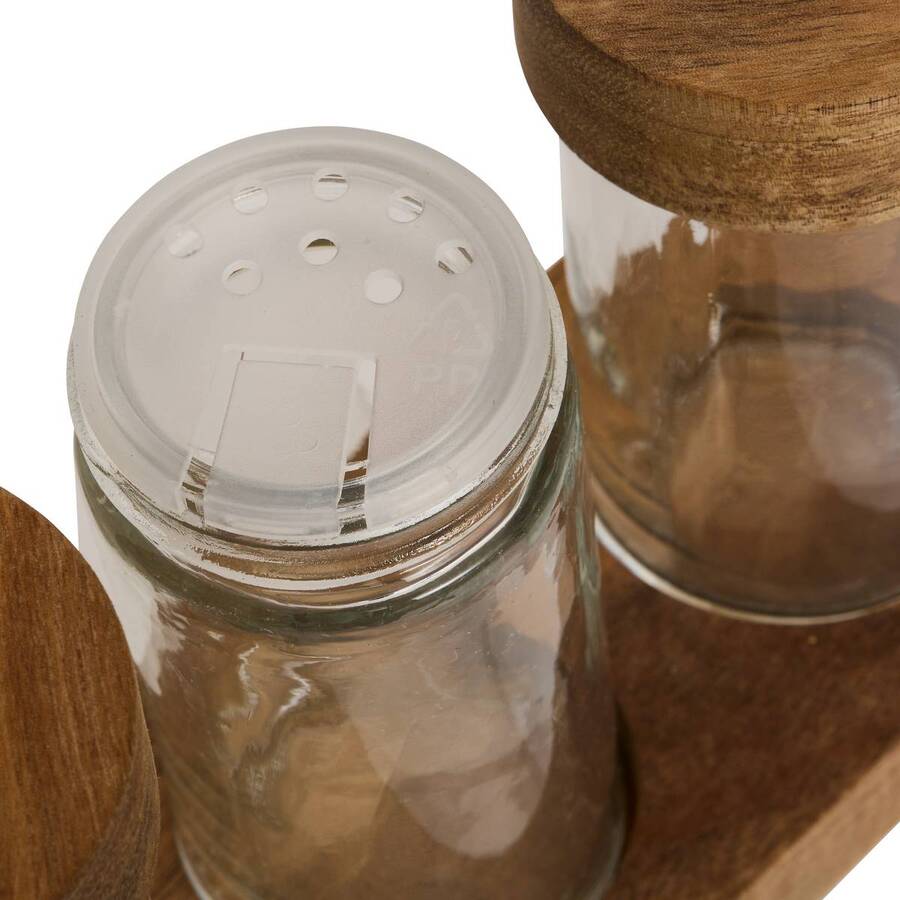 Lot de 6 pots à épices avec support, acacia 