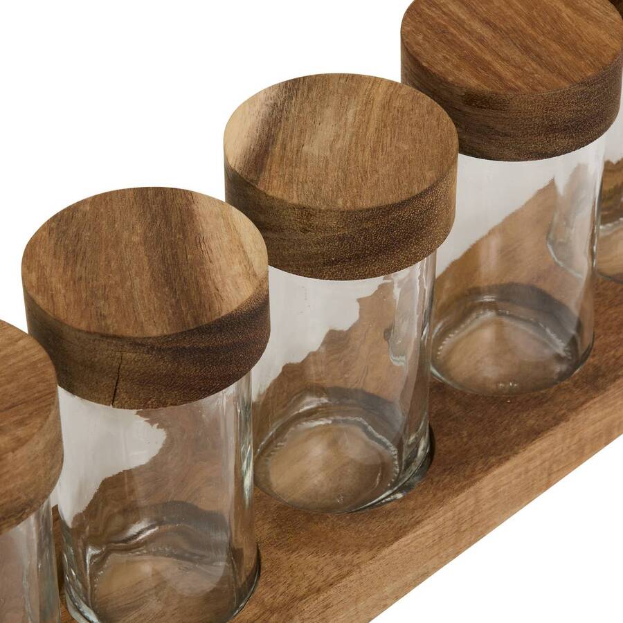 Lot de 6 pots à épices avec support, acacia 
