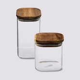 Lot de 2 bocaux, verre, couvercle acacia, 0,6/1,6l Hermet