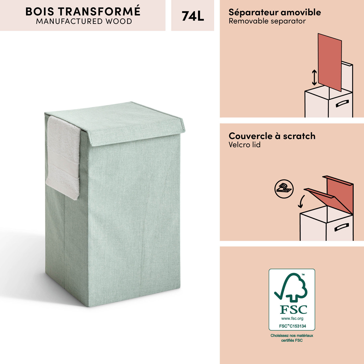Corbeille à linge, 74l, vert céladon