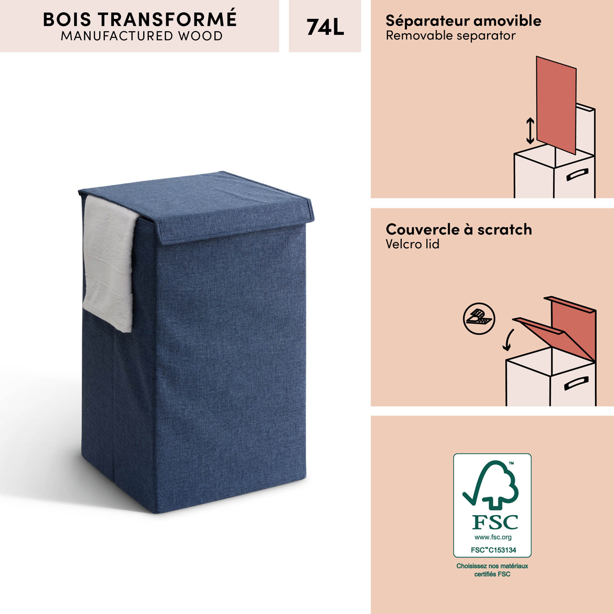 Corbeille à linge, 74l, bleu
