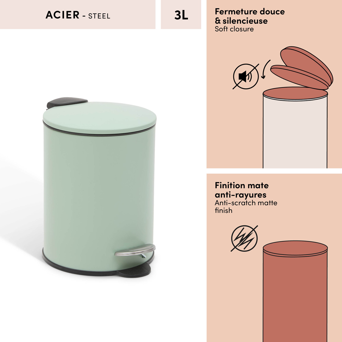 Poubelle manuelle, 2,7l, vert céladon Colorama