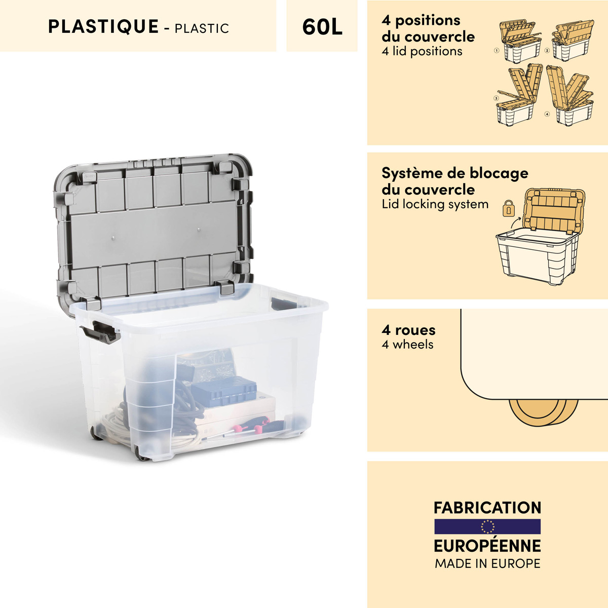 Boîte à roulettes, 60l, transparent Block'it
