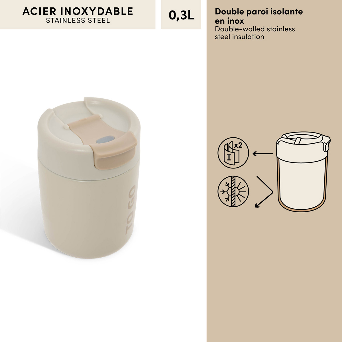 Mug isotherme, 0,3l, beige lin