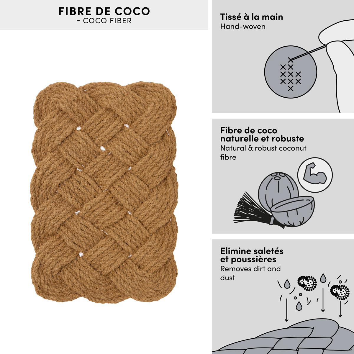 Paillasson, fibre de coco, 60x40 cm, marron