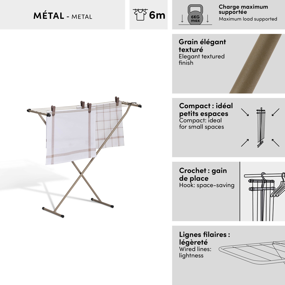 Étendoir à linge accrochable, 6 m d'étendage, beige