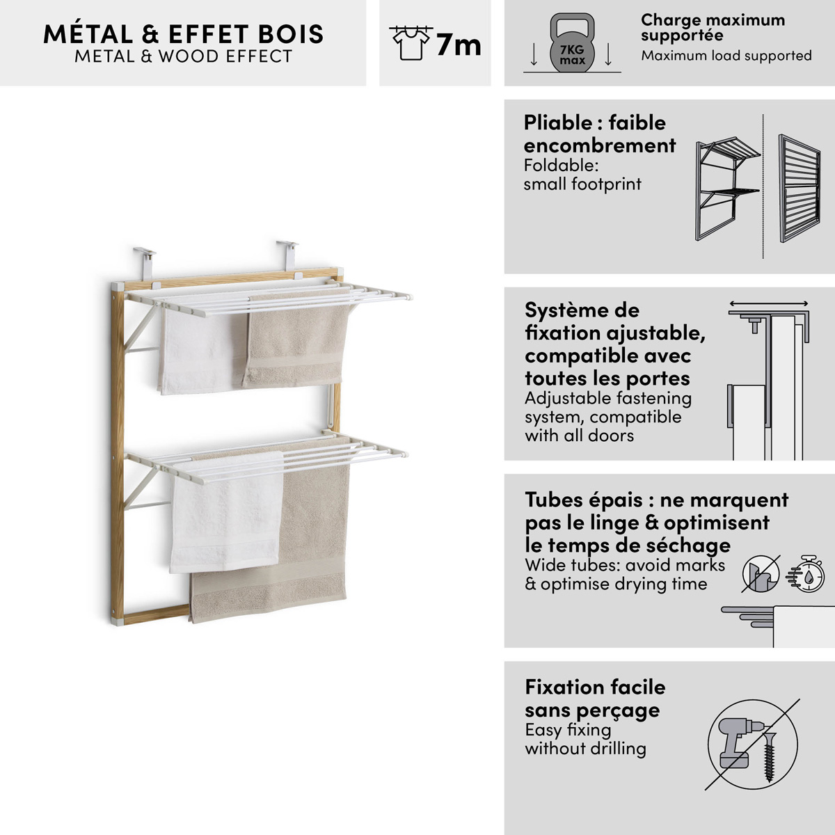Étendoir à linge de porte, 7 m d'étendage, blanc