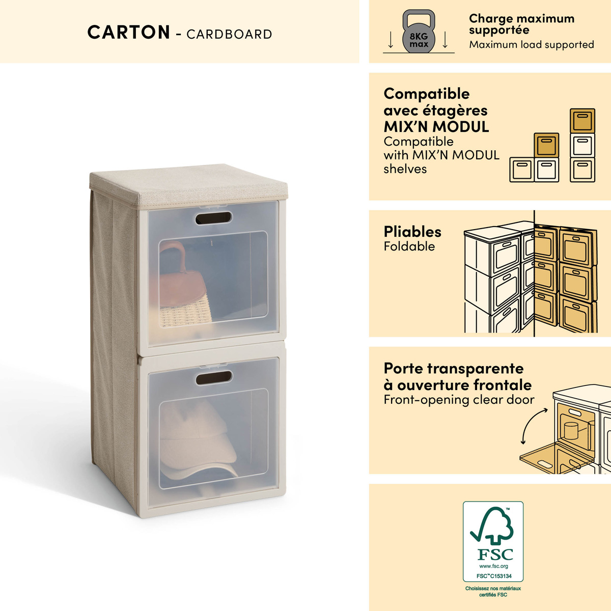 Rangement 2 cases, 30,5x60,5 cm, beige Cube'n door