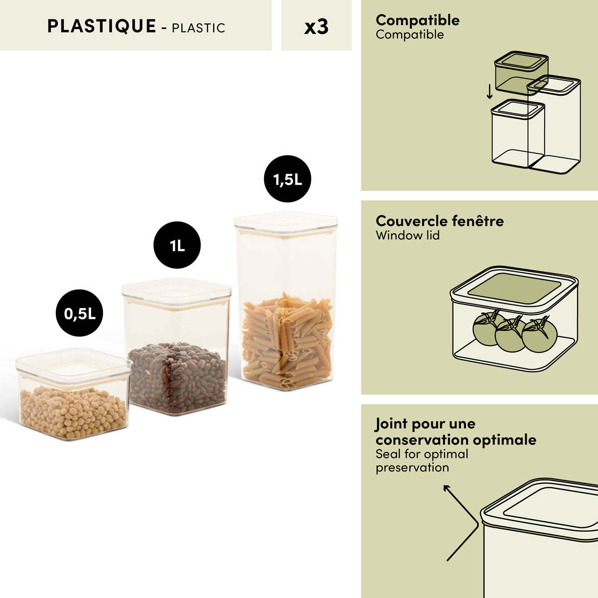 Lot de 3 boîtes de conservation, 0,5/1/1,5l, transparent