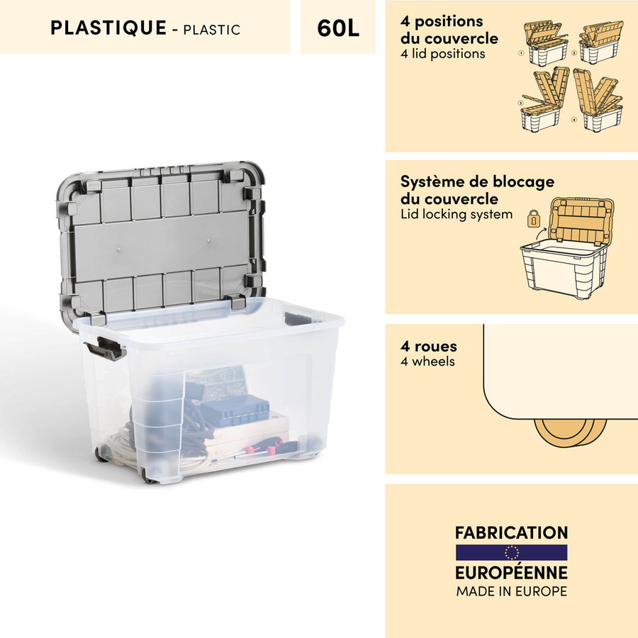 Boîte à roulettes, 60l, transparent Block'it