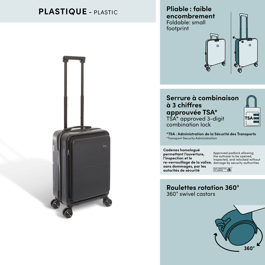 Valise 8 roues, ouverture frontale, 40l, noir