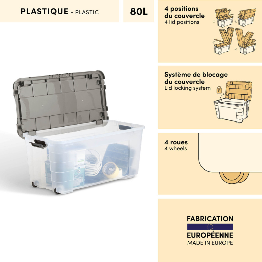 Boîte à roulettes, 80l, transparent Block'it