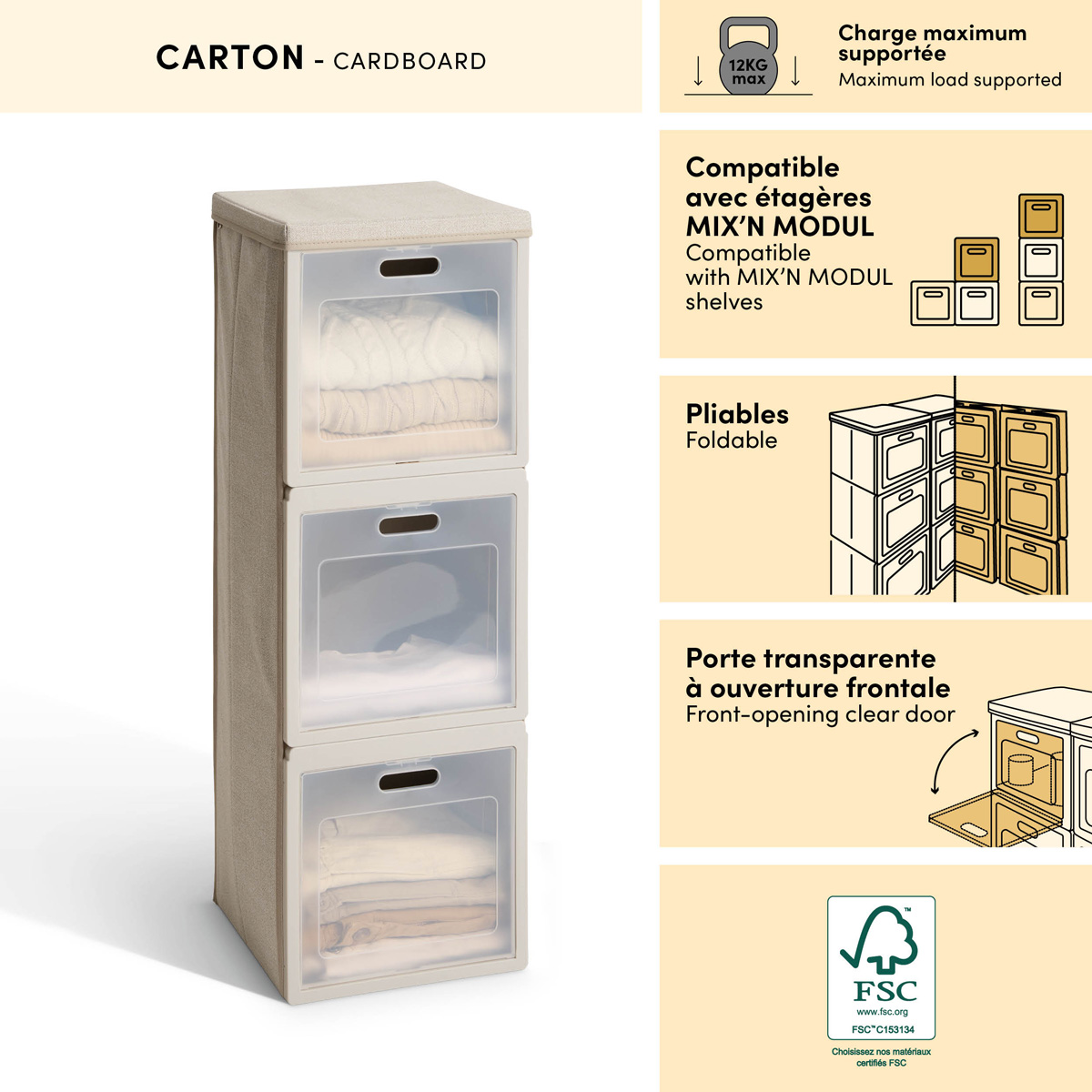 Rangement 3 cases, 30,5x30,5 cm, beige Cube'n door