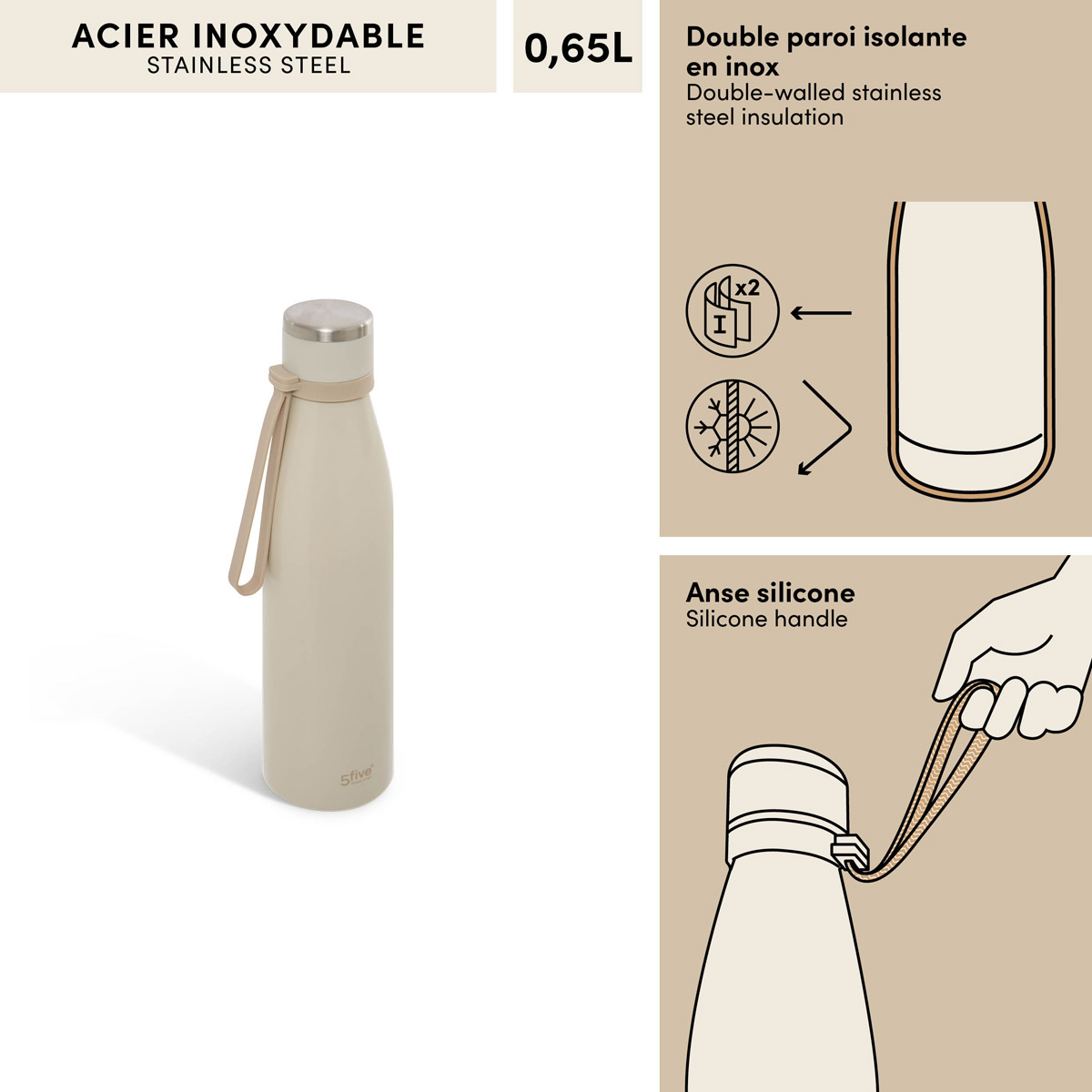Bouteille isotherme, acier inoxydable, 0,65l, beige lin 