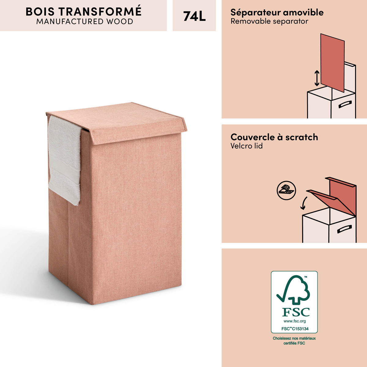 Corbeille à linge, 74l, rose blush
