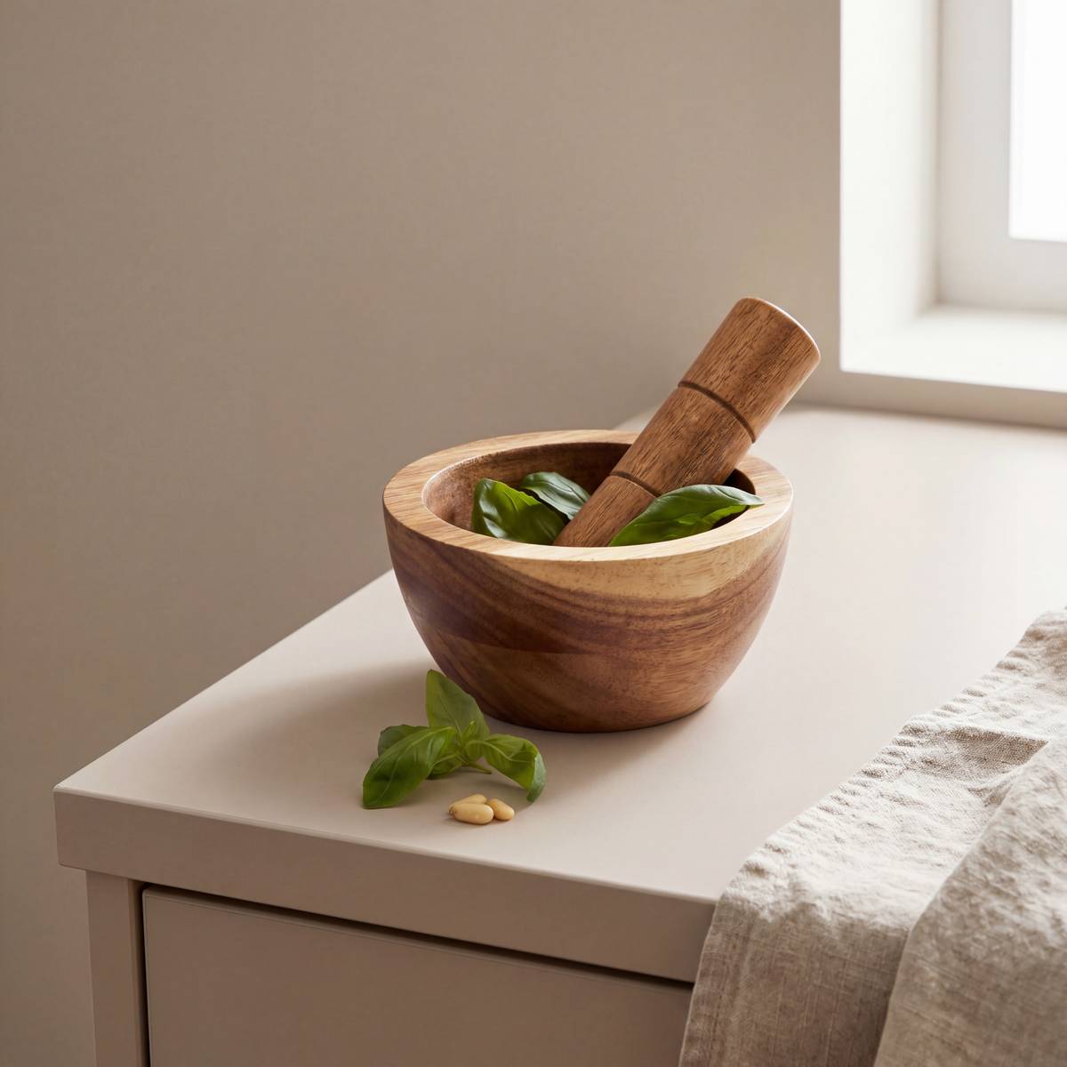 Mortier et pilon, acacia, marron