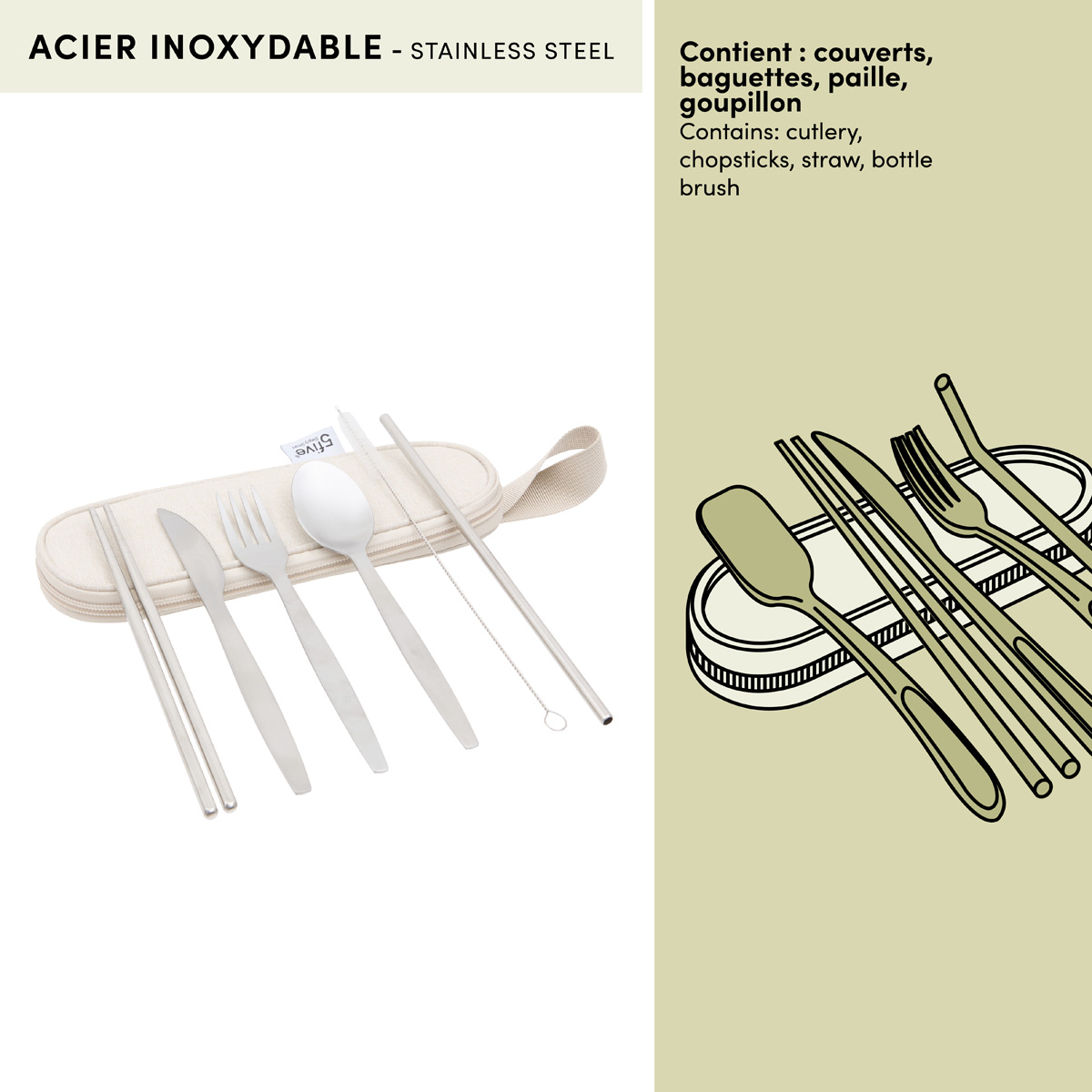 Kit couverts avec pochette de rangement, 5 pièces 