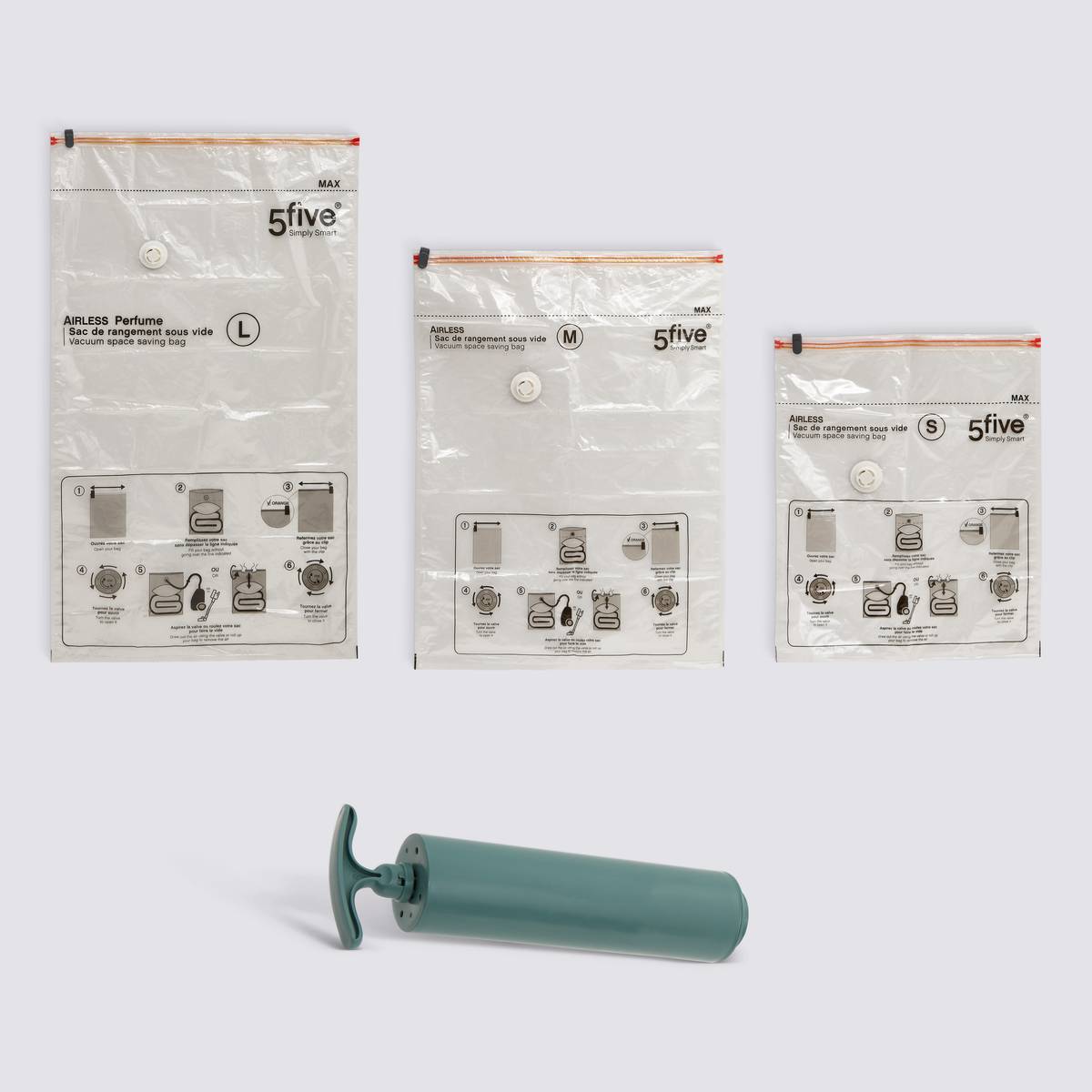 Lot de 4 sacs compresseurs avec pompe, l.59/80/120 cm, transparent Airless