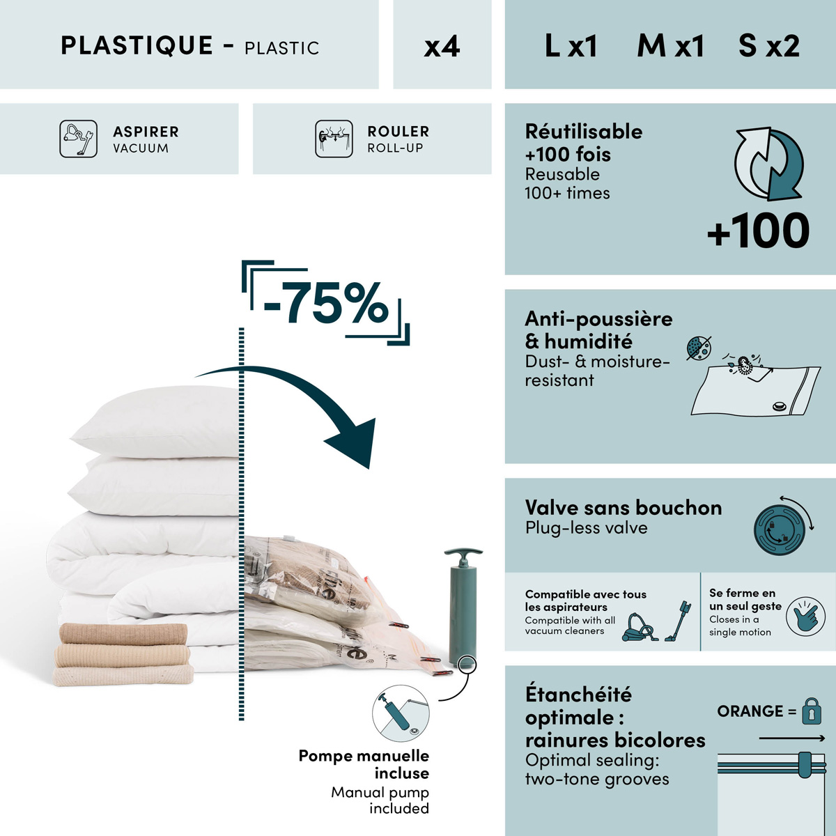 Lot de 4 sacs compresseurs avec pompe, l.59/80/120 cm, transparent Airless