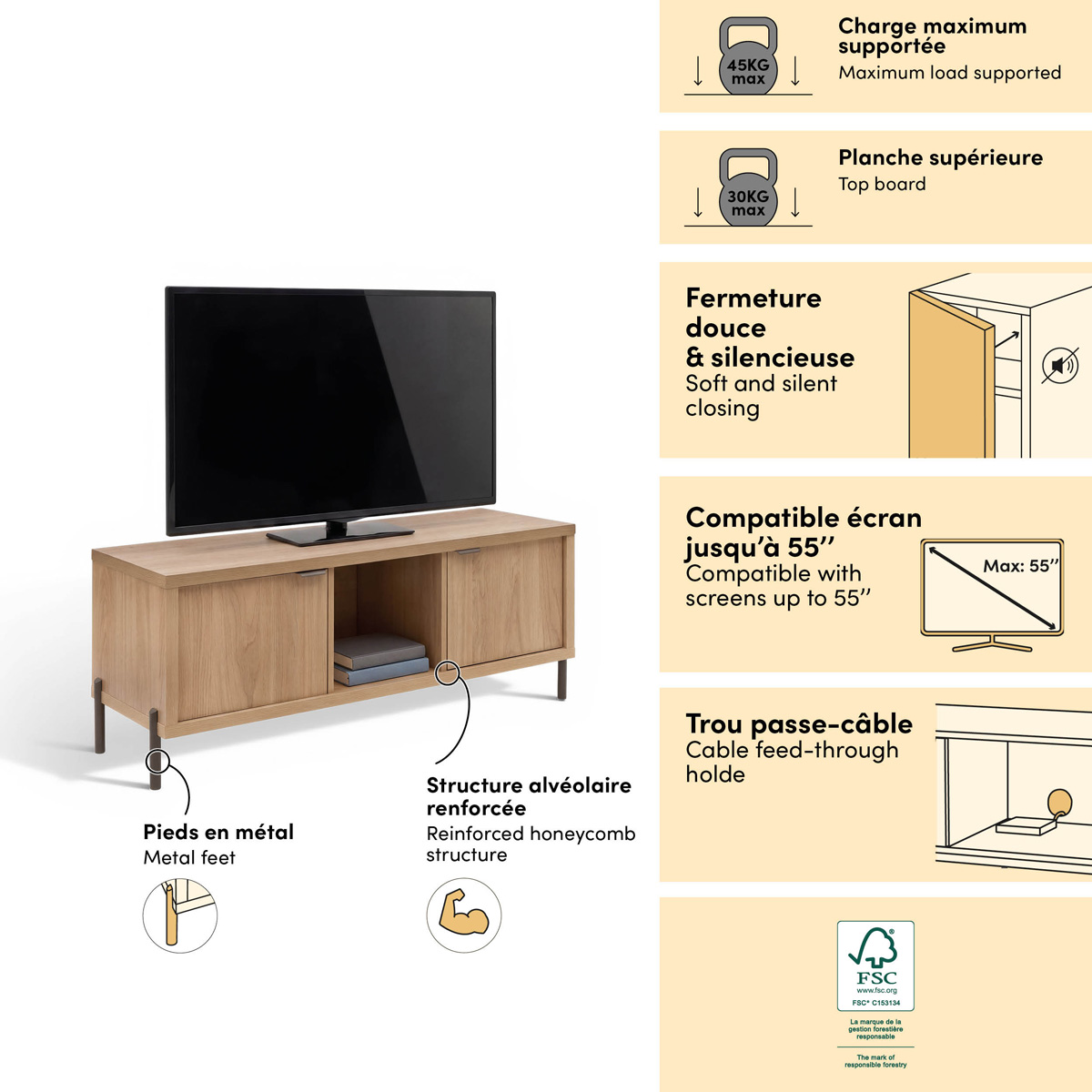 Meuble tv 2 portes, 122,5x39,5 cm, beige